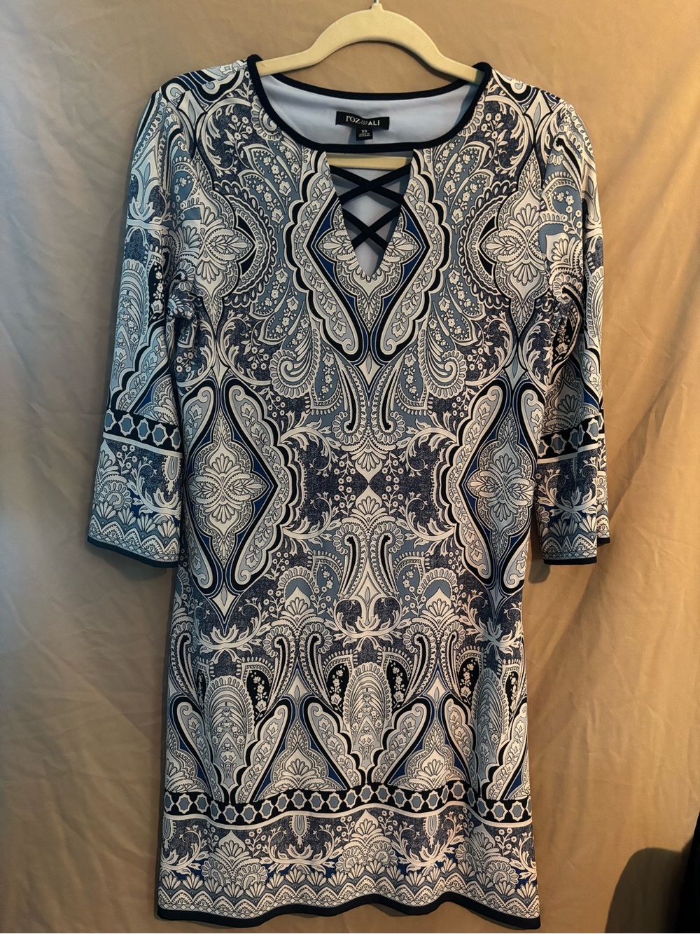 Roz & Ali Blue and White Paisley Lace-Up Long Sleeve Dress